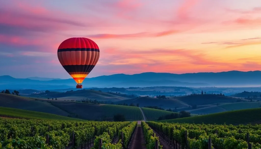 Generate an image of a hot air balloon flying over Napa Valley vineyards at sunrise.
