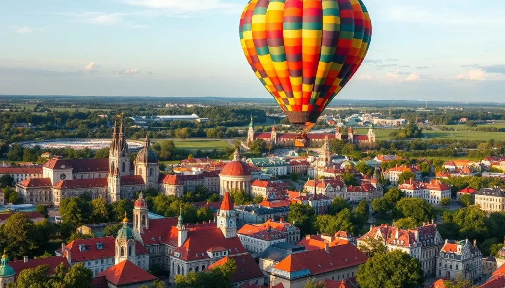 Generate an image of a hot air balloon flying over Vilnius Old Town.