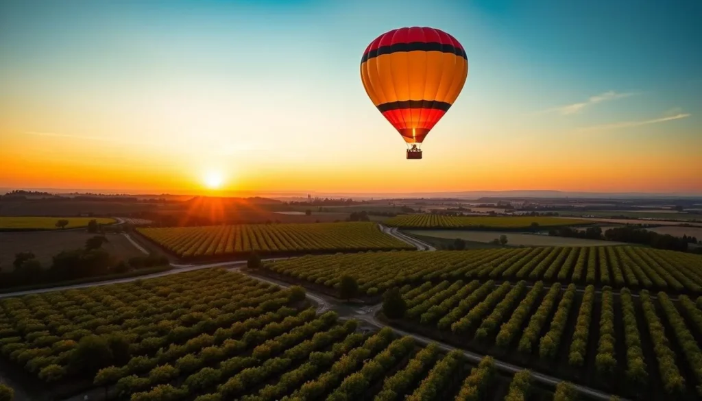 Generate an image of a hot air balloon flying over the vineyards of Saint-Émilion at sunrise.