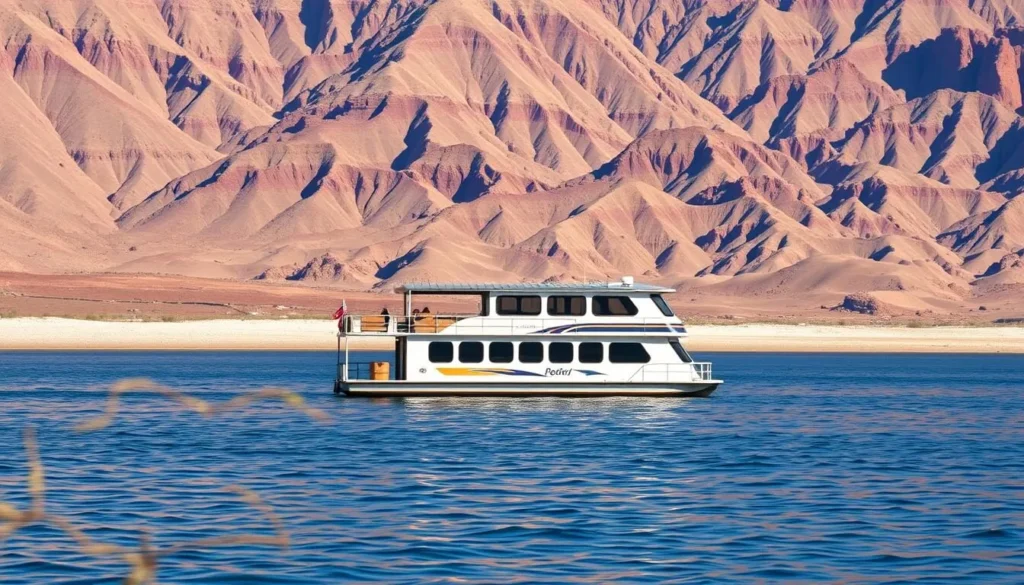 Generate an image of a houseboat on Lake Mead with the desert landscape in the background.
