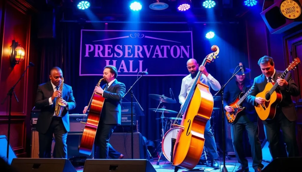 Generate an image of a jazz band performing at Preservation Hall. Generate an image of a jazz band performing at Preservation Hall.