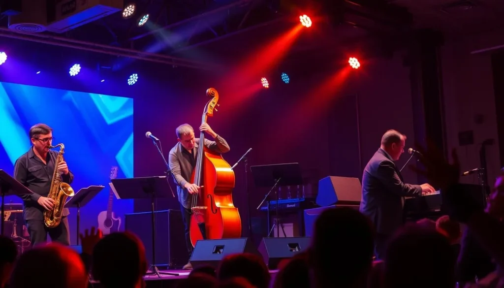 Generate an image of a jazz band performing on stage with various jazz instruments.