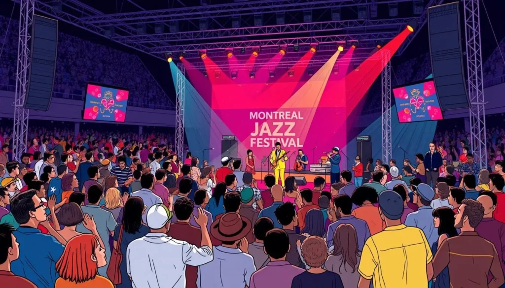 Generate an image of a jazz concert at the Montreal Jazz Festival with a large audience.