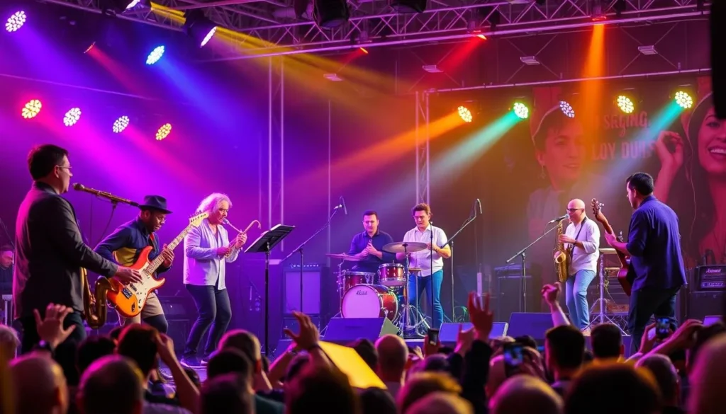 Generate an image of a jazz festival with international musicians performing on stage.