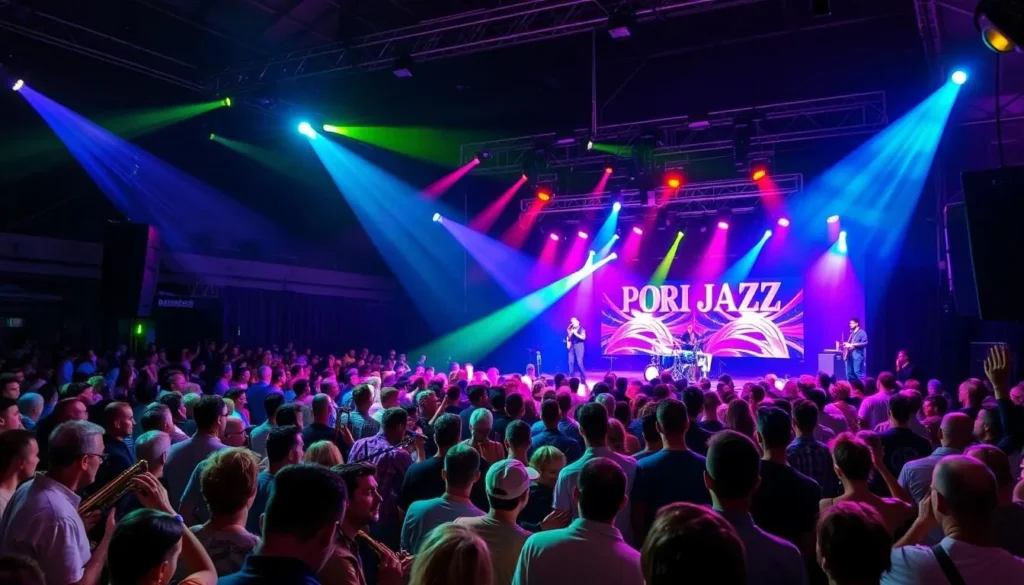 Generate an image of a jazz performance at Pori Jazz Festival with a packed audience.