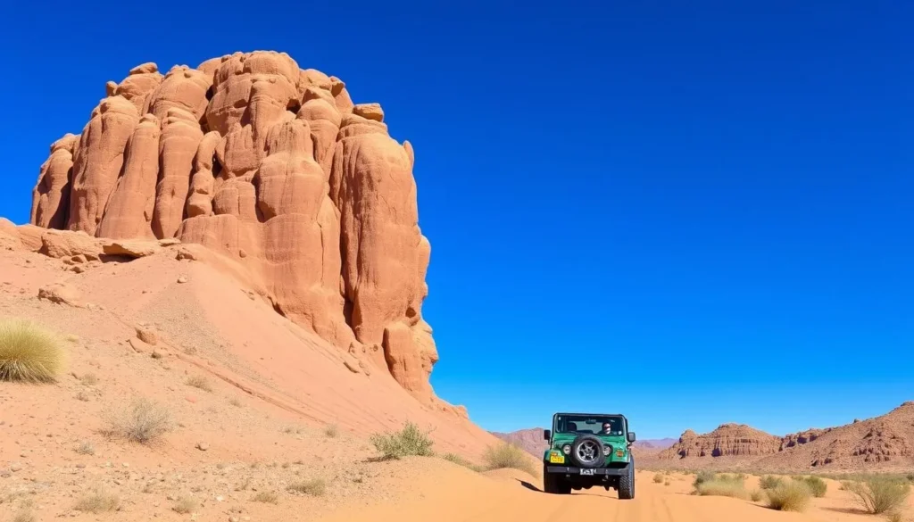 Generate an image of a jeep tour navigating through the rugged desert terrain near Palm Desert.