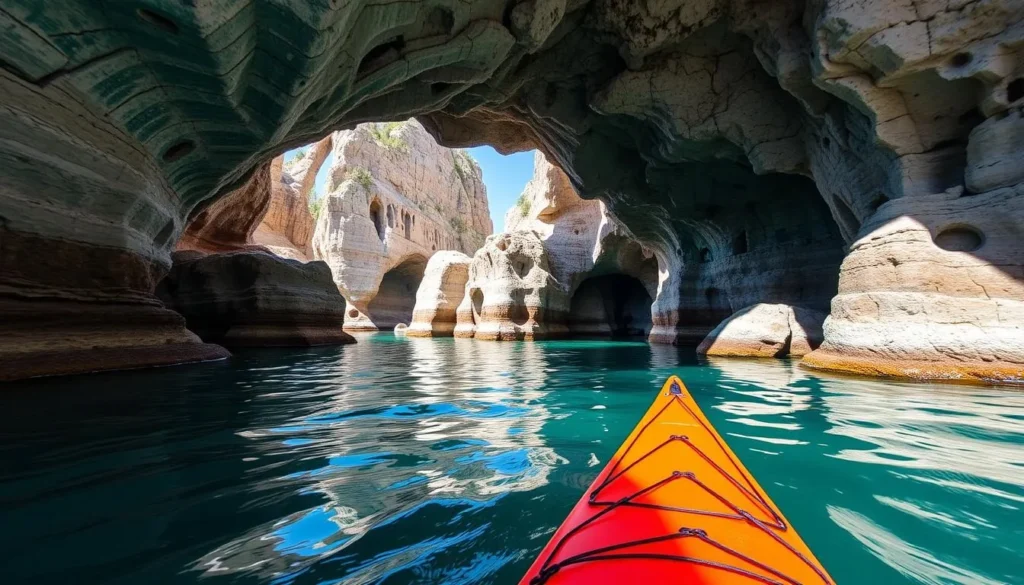 Generate an image of a kayak paddling through the sea caves of the Apostle Islands National Lakeshore.