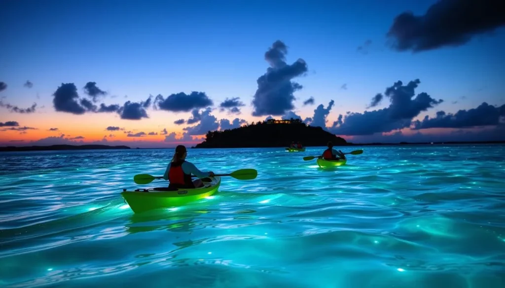Generate an image of a kayak tour in the bioluminescent bay near Rum Point on Grand Cayman.