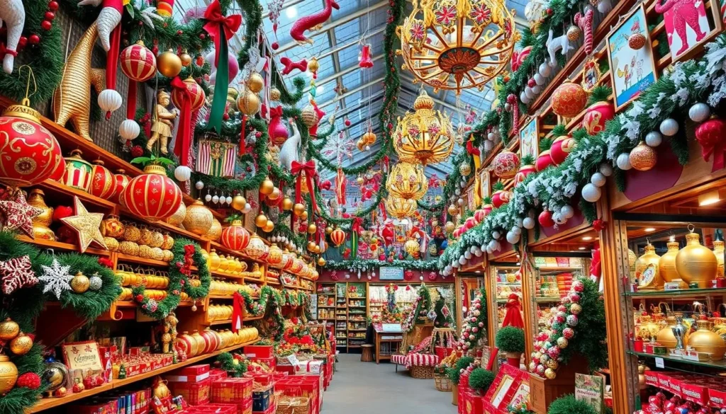 Generate an image of a large Christmas store filled with decorations and ornaments.