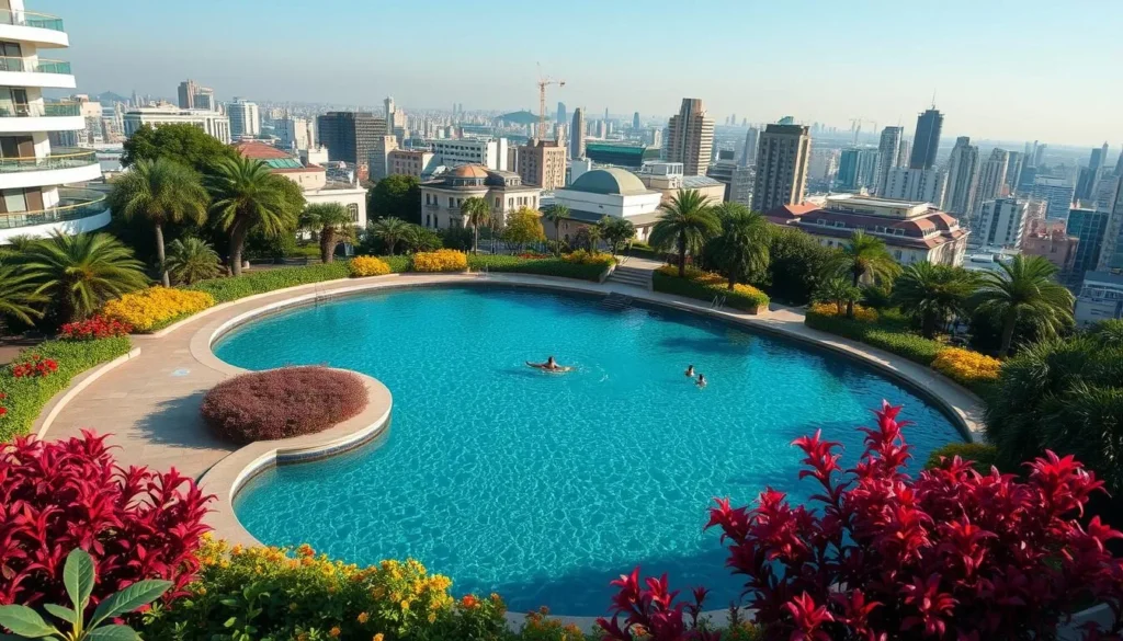 Generate an image of a large natural swimming pool in the heart of a city, surrounded by lush greenery.