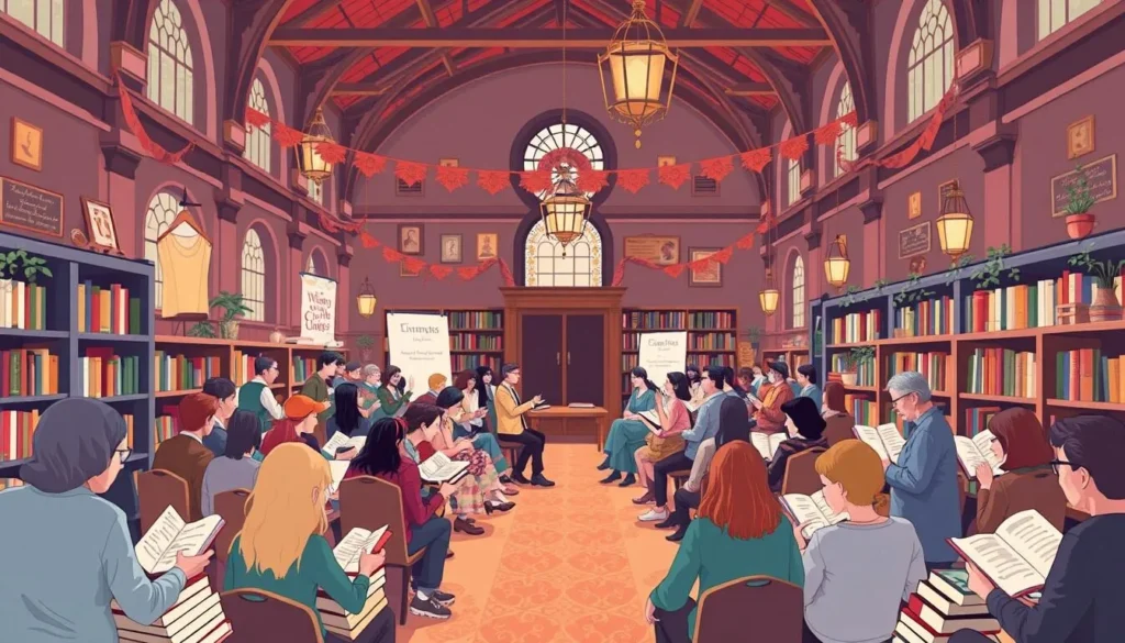 Generate an image of a literary festival with authors giving talks in a historic venue.