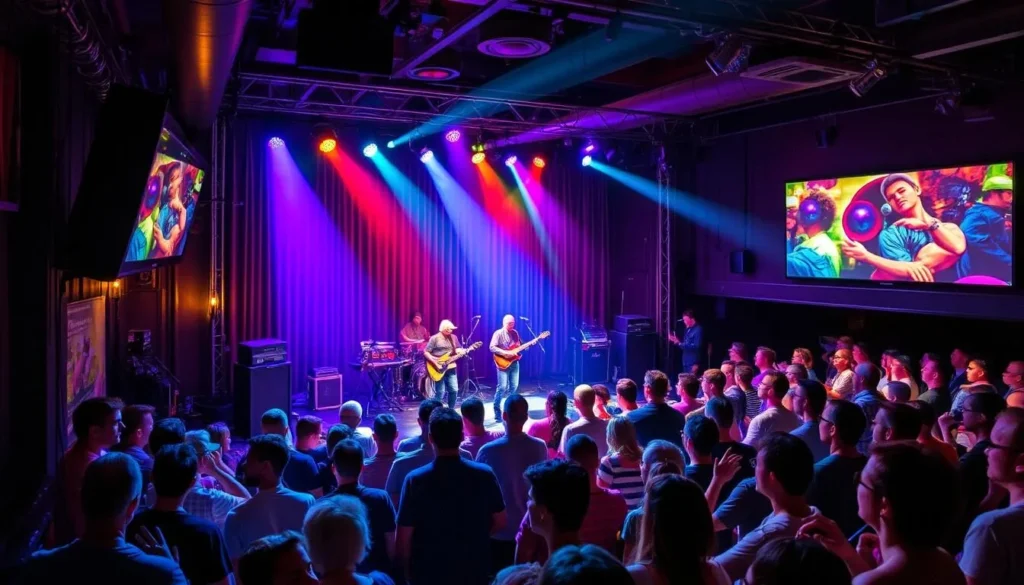 Generate an image of a live music venue in Ithaca, NY, with a stage and audience.