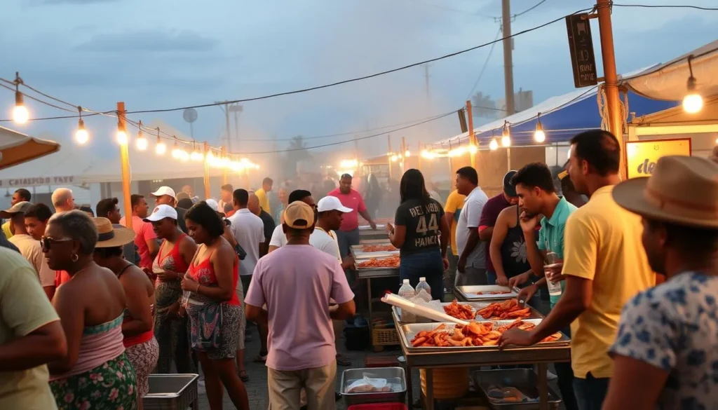 Generate an image of a lively Oistins Fish Fry scene with locals and travelers enjoying fresh seafood and music.