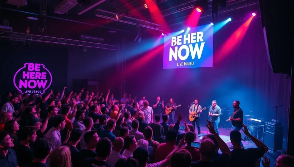 Generate an image of a lively concert at Be Here Now Live Music Venue with a stage full of musicians and an engaged audience.
