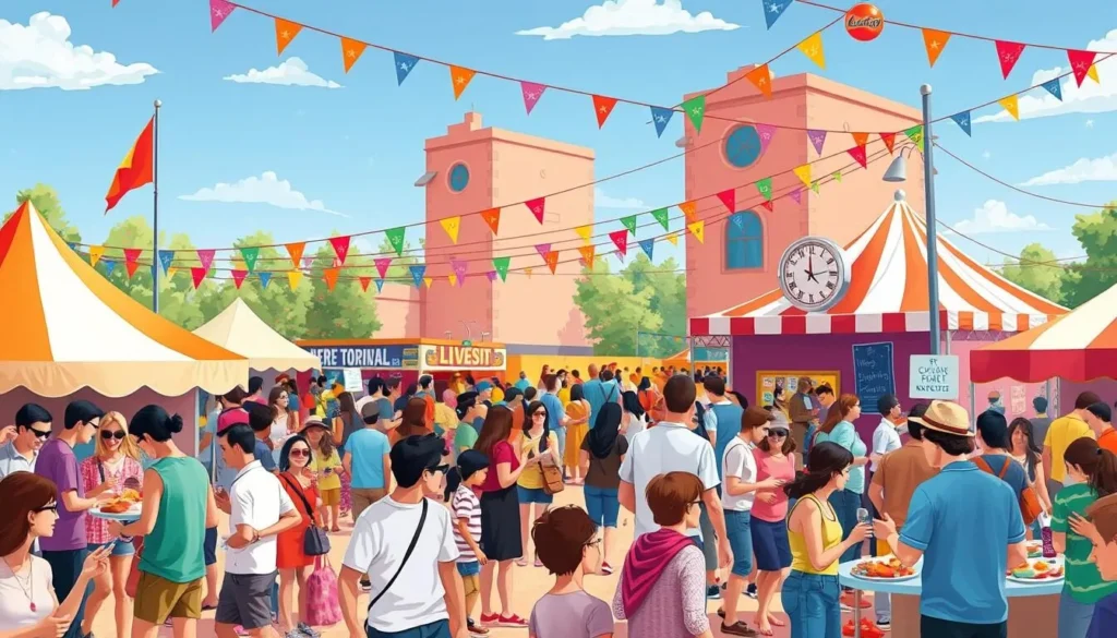 Generate an image of a lively festival scene in Illinois, with people enjoying music and food.
