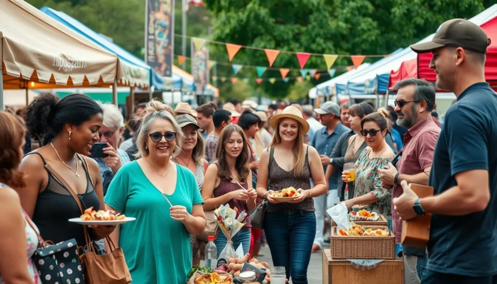 Generate an image of a lively festival scene in Williamstown, Kentucky, with people enjoying local food, crafts, and live music.