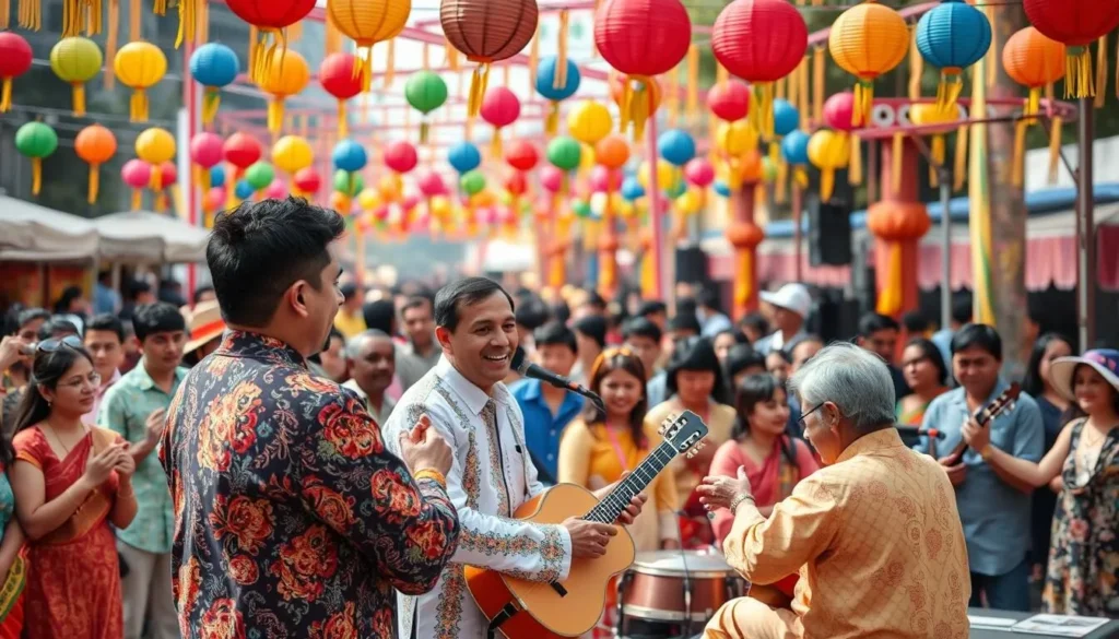 Generate an image of a lively festival scene with musicians performing traditional music.