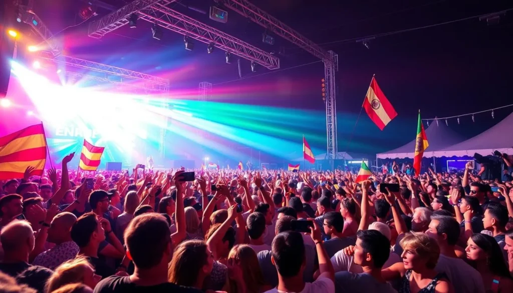 Generate an image of a lively music festival scene with a large crowd enjoying a performance on stage.