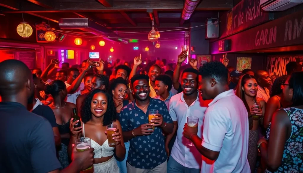 Generate an image of a lively nightlife scene in Libreville, Gabon, featuring a mix of locals and tourists enjoying music and drinks at a popular nightspot.