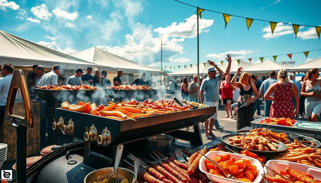 Generate an image of a lively outdoor event with smoky grills, fresh seafood, and people dancing.