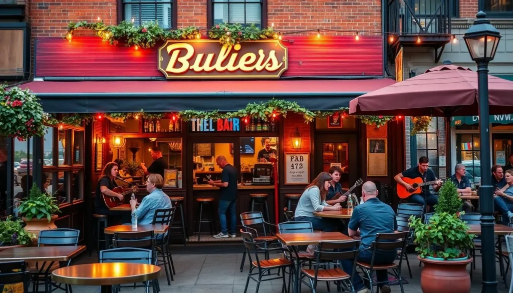 Generate an image of a local bar in downtown Burlington with outdoor seating and live music.