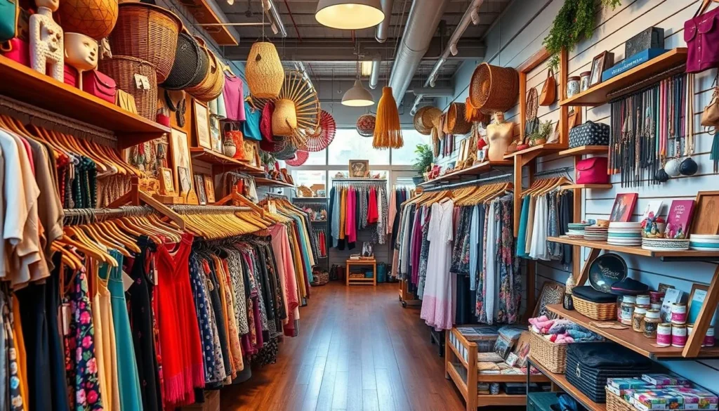 Generate an image of a local boutique in Rock Hill, showcasing unique clothing and accessories.