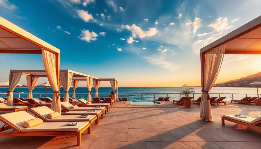 Generate an image of a luxurious beach club in Saint-Tropez