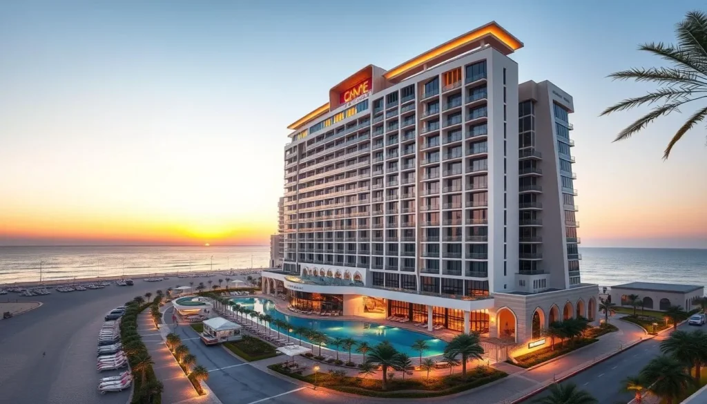 Generate an image of a luxurious beachfront hotel in Al Khobar with a sea view.