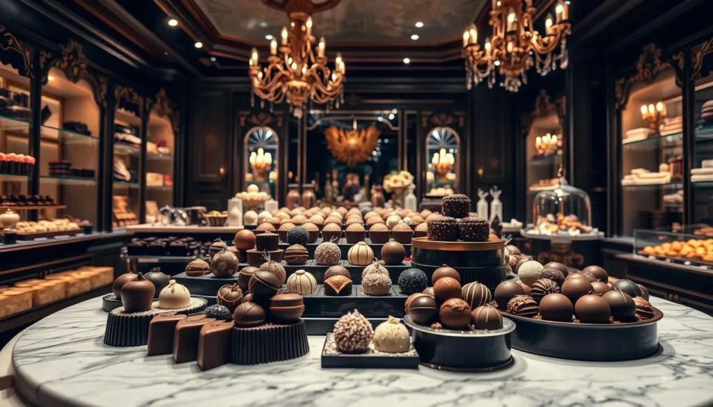 Generate an image of a luxurious chocolate shop with a variety of fine chocolates on display.