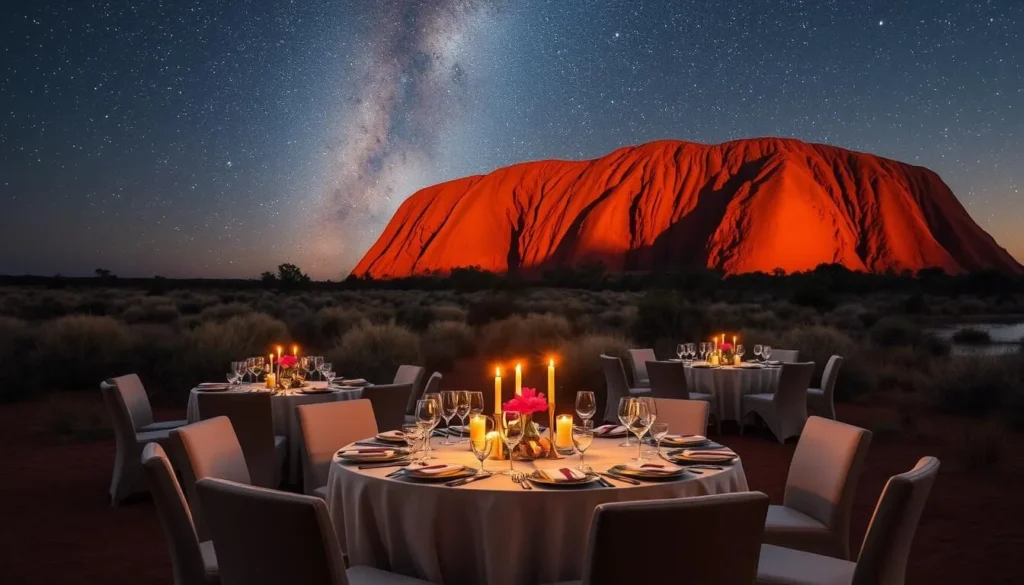 Generate an image of a luxurious outdoor dinner setup at Uluru with Uluru in the background, under a starry sky.