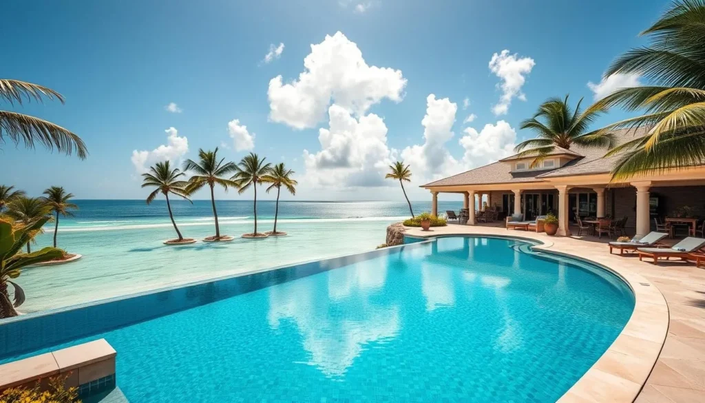Generate an image of a luxurious resort on Great Exuma Island with a private beach and infinity pool.