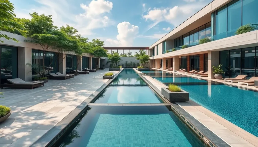 Generate an image of a luxurious spa in Guangzhou with multiple pools and relaxation areas.