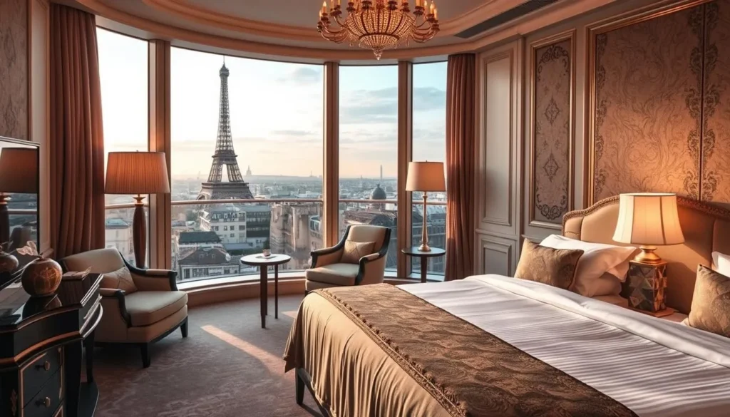Generate an image of a luxury hotel room in Paris.