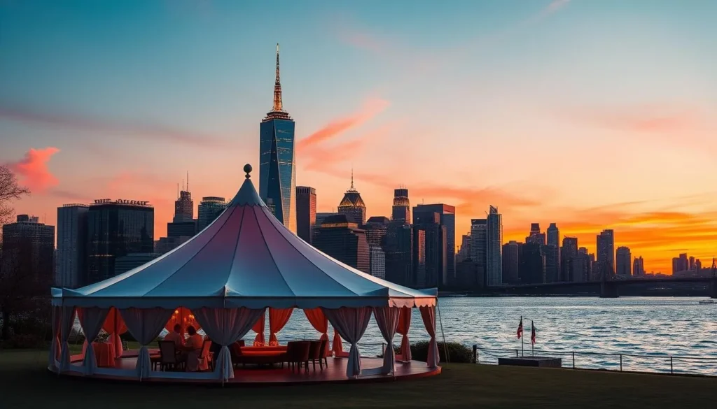 Generate an image of a luxury tent on Governors Island with the Manhattan skyline in the background.