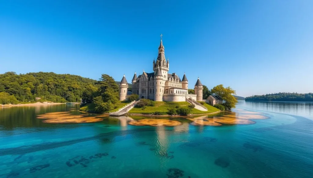 Generate an image of a majestic island castle in the Thousand Islands.