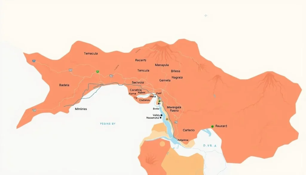 Generate an image of a map showing Temecula and its surrounding areas, including coastal and desert regions.
