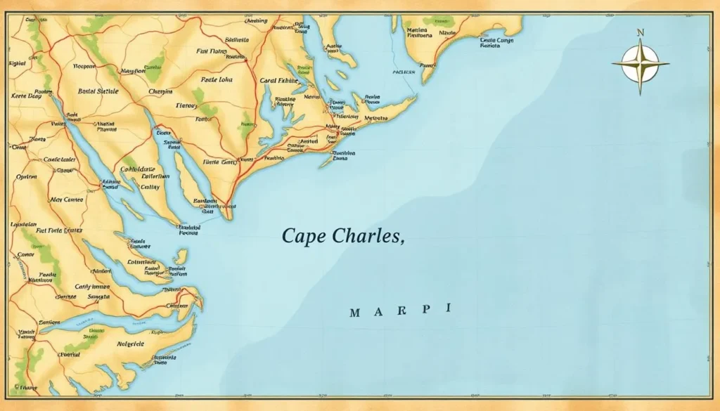 Generate an image of a map showing the location of Cape Charles, Virginia
