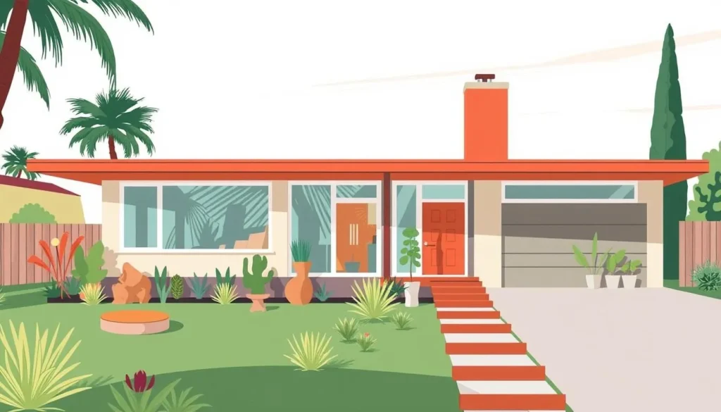 Generate an image of a mid-century modern home tour during Modernism Week.