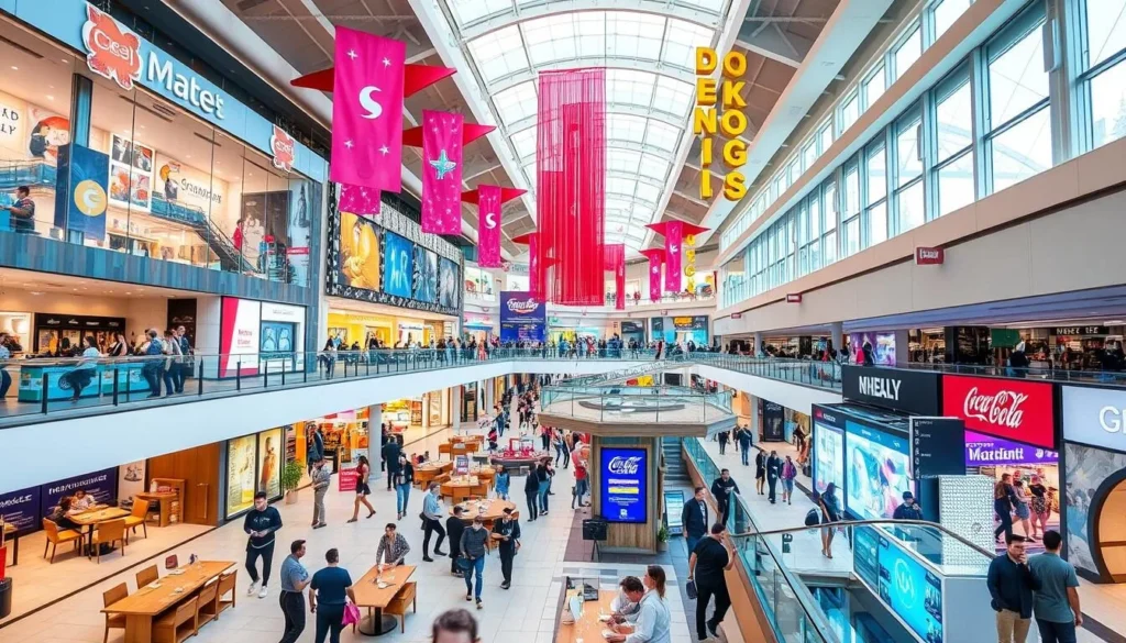 Generate an image of a modern mall with a variety of stores, dining options, and entertainment facilities.