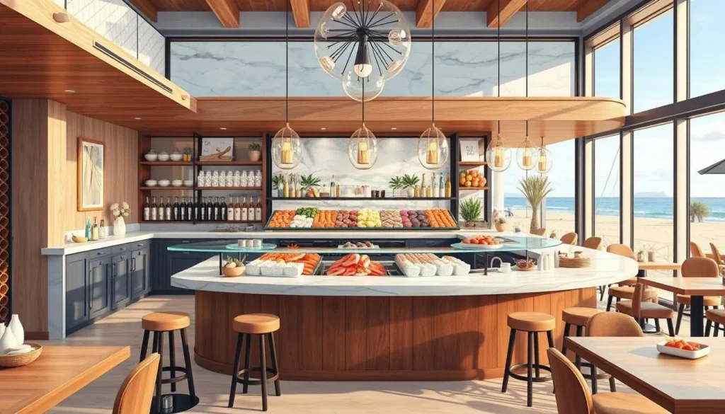 Generate an image of a modern raw bar with a coastal chic atmosphere.