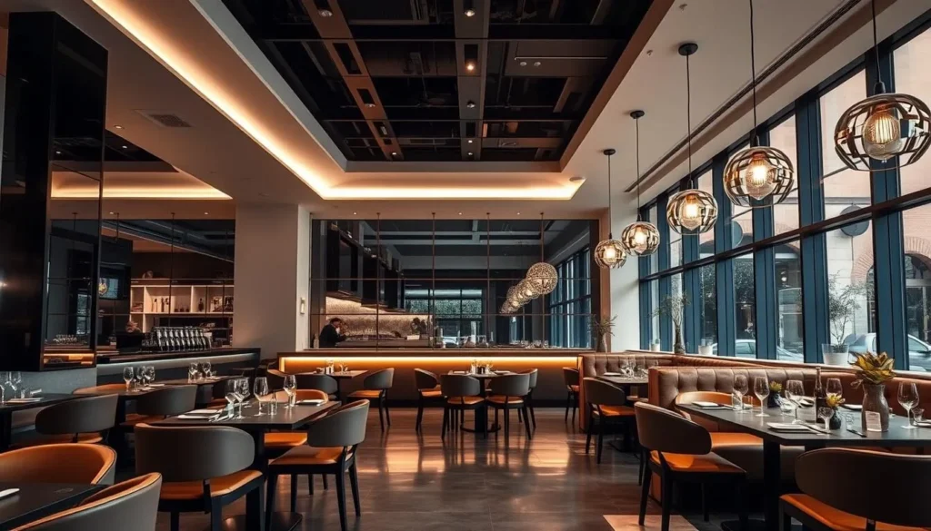 Generate an image of a modern restaurant with a sleek, stylish interior.