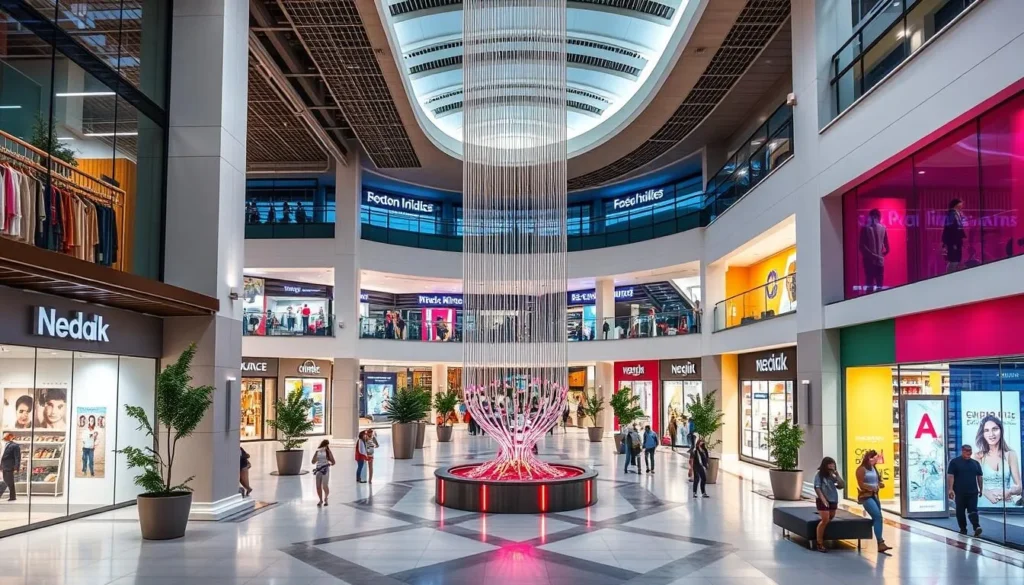 Generate an image of a modern shopping mall in Las Colinas, Irving, with a sleek and inviting atmosphere.