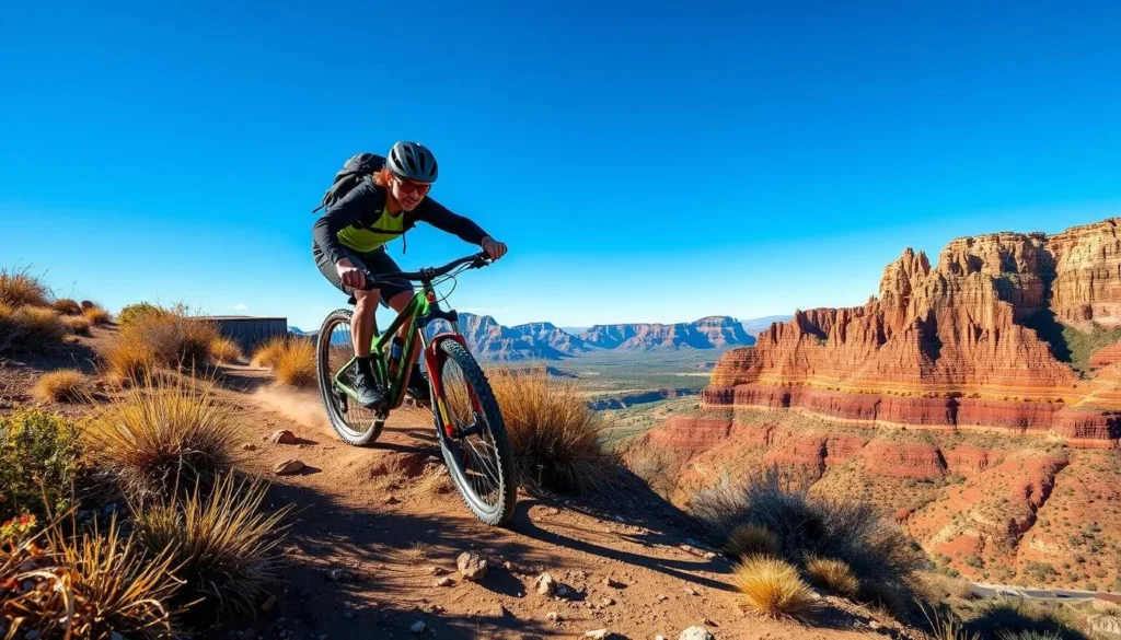 Generate an image of a mountain biker riding on a trail in Grand Junction, Colorado, with a scenic background. Generate an image of a mountain biker riding on a trail in Grand Junction, Colorado, with a scenic background.