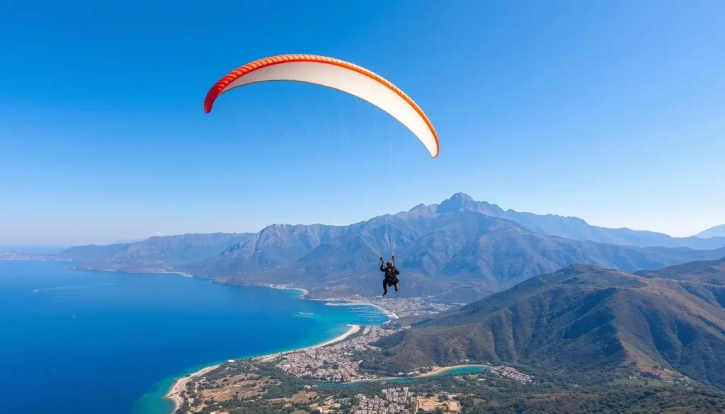 Generate an image of a paraglider flying over the Messenian Gulf with the Taygetos mountains in the background.