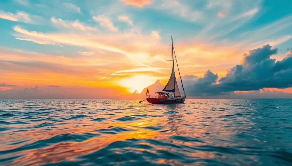 Generate an image of a paraw sailboat sailing into the sunset near Boracay Island.