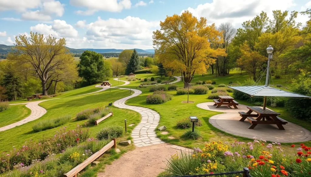 Generate an image of a park with hiking trails and picnic areas.