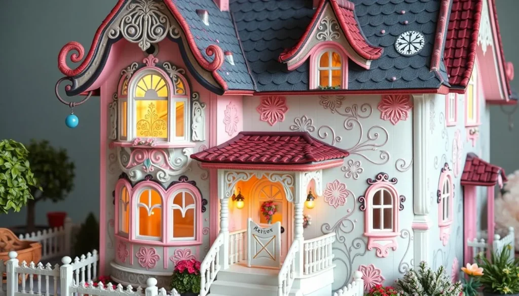 Generate an image of a pastel-colored house with intricate designs and patterns.
