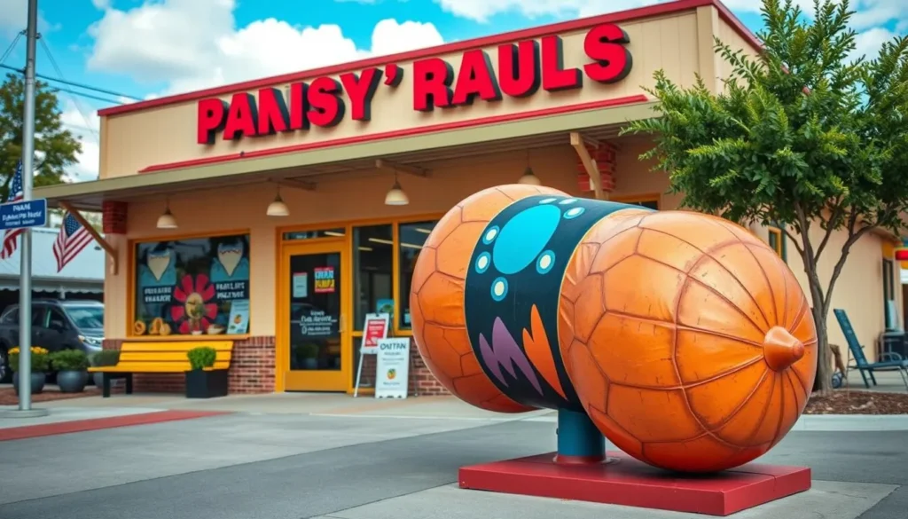 Generate an image of a peanut statue decorated in a vibrant, colorful design, standing in front of a local business in Dothan, Alabama.
