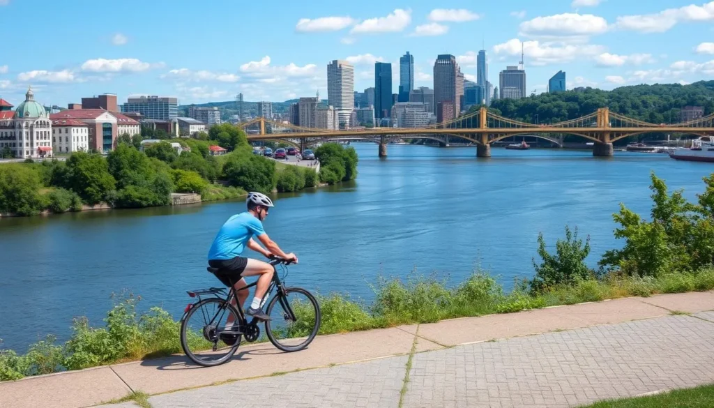 Generate an image of a person biking on the Three Rivers Heritage Trail with a river and Pittsburgh skyline in the background.