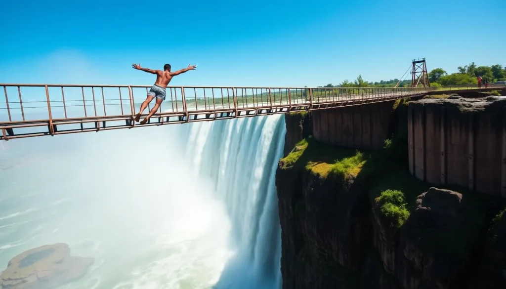 Generate an image of a person bungee jumping from the Victoria Falls Bridge with the Zambezi River below.
